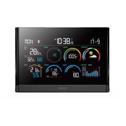 Sencor - Profesionāla meteoroloģiskā stacija ar krāsainu LCD ekrānu un modinātāja pulkstenis 5V/3xAAA + 3xAA