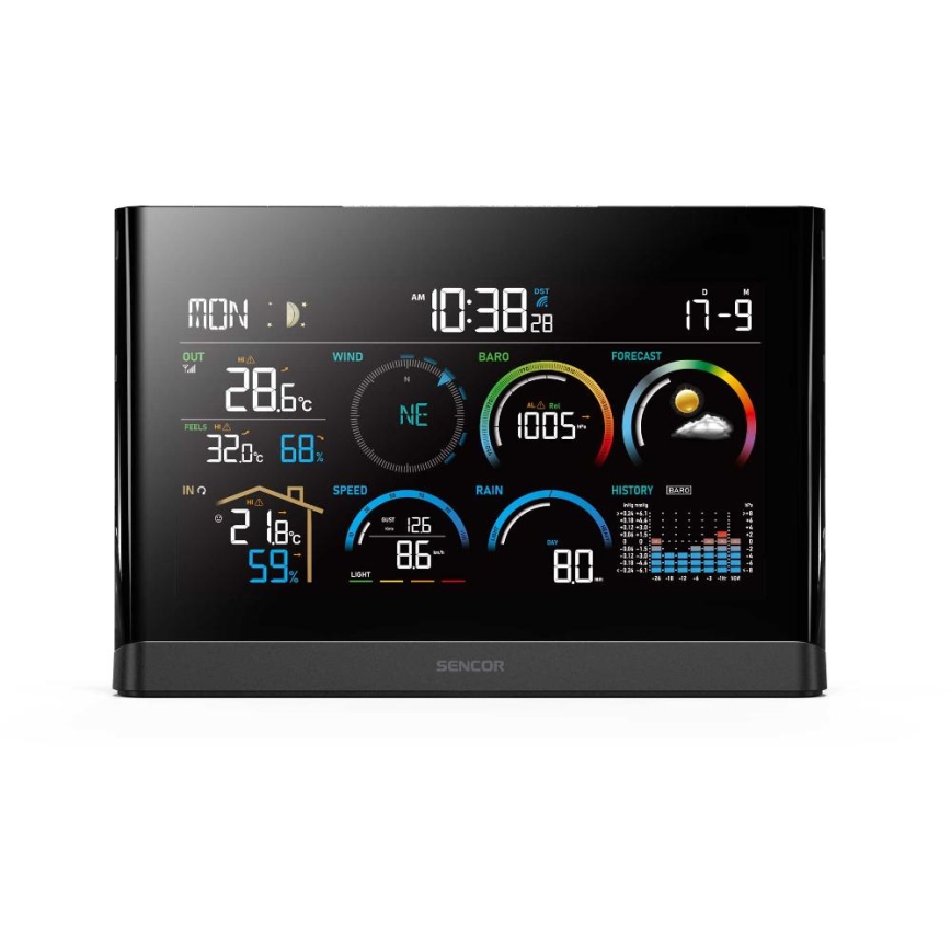 Sencor - Profesionāla meteoroloģiskā stacija ar krāsainu LCD ekrānu un modinātāja pulkstenis 5V/3xAAA + 3xAA