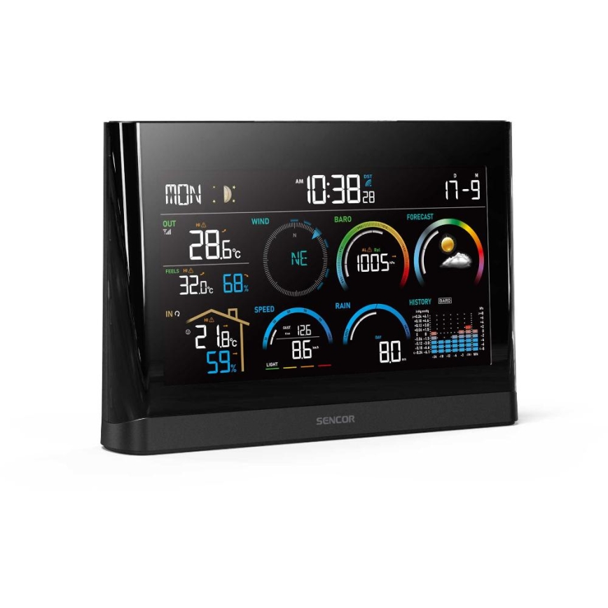 Sencor - Profesionāla meteoroloģiskā stacija ar krāsainu LCD ekrānu un modinātāja pulkstenis 5V/3xAAA + 3xAA