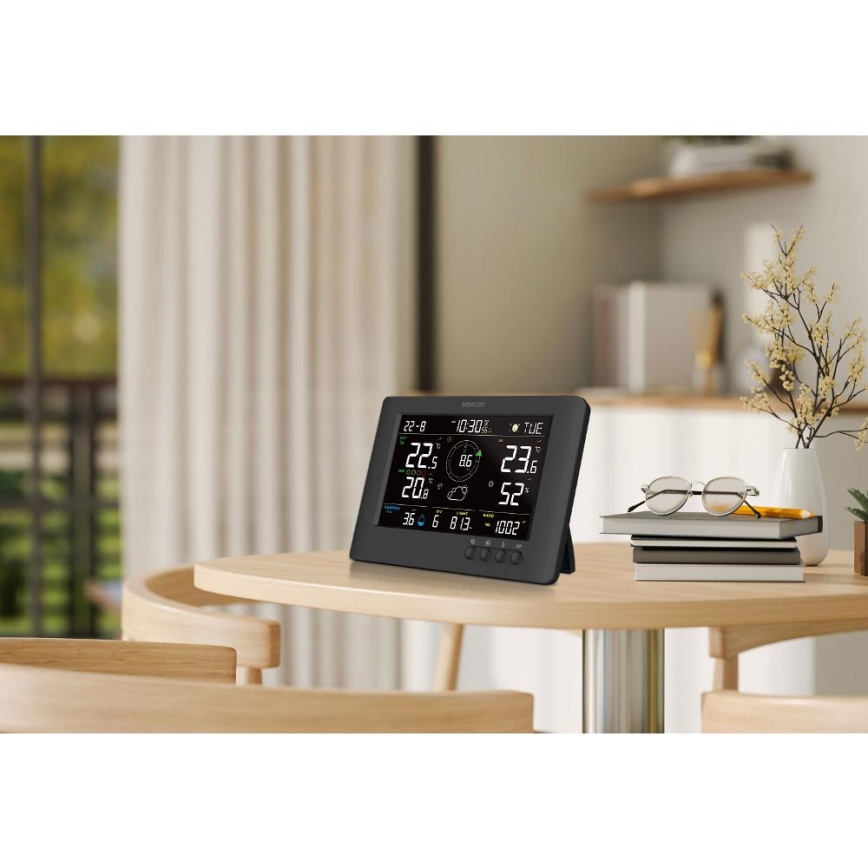 Sencor - Profesionāla meteostacija ar krāsainu LCD displeju un modinātāju 5V/1xCR2032 + 3xAA