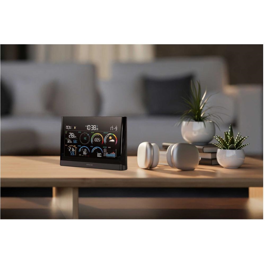 Sencor - Profesionāla meteostacija ar krāsainu LCD ekrānu un modinātāju 5V/3xAAA + 3xAA