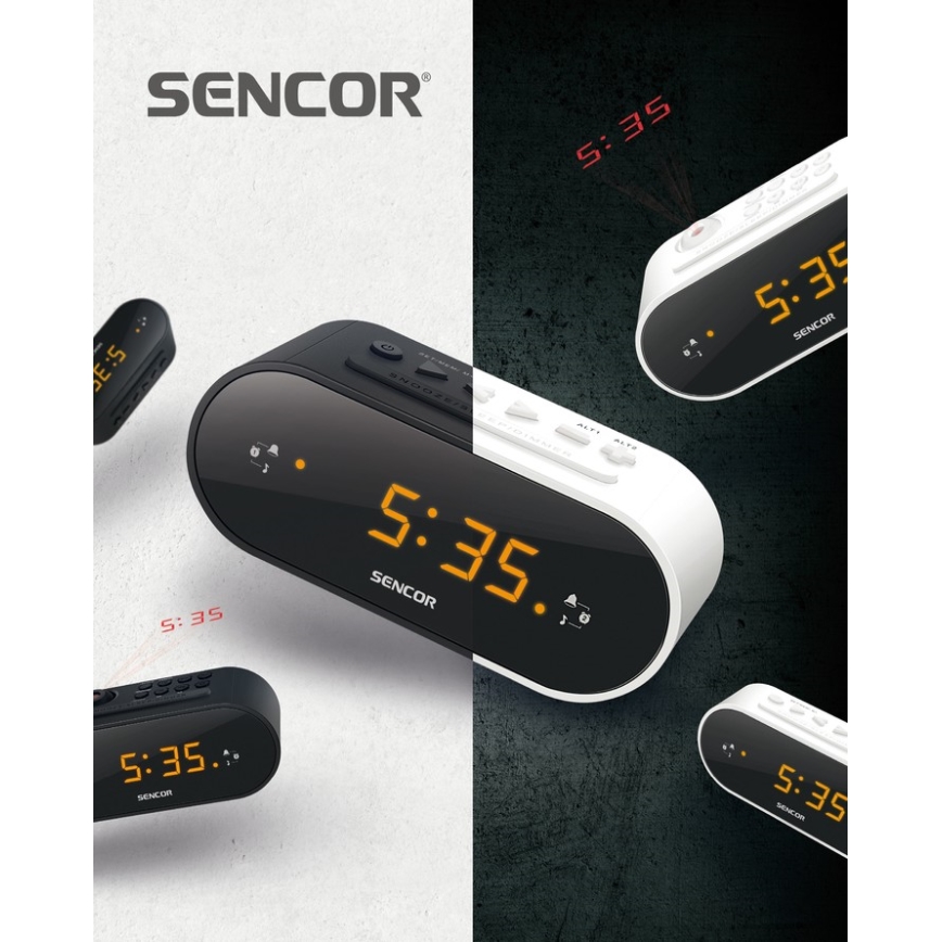 Sencor - Radio pulkstenis ar modinātāju ar LED ekrāns un projektors 5W/230V 1xCR2032 melna