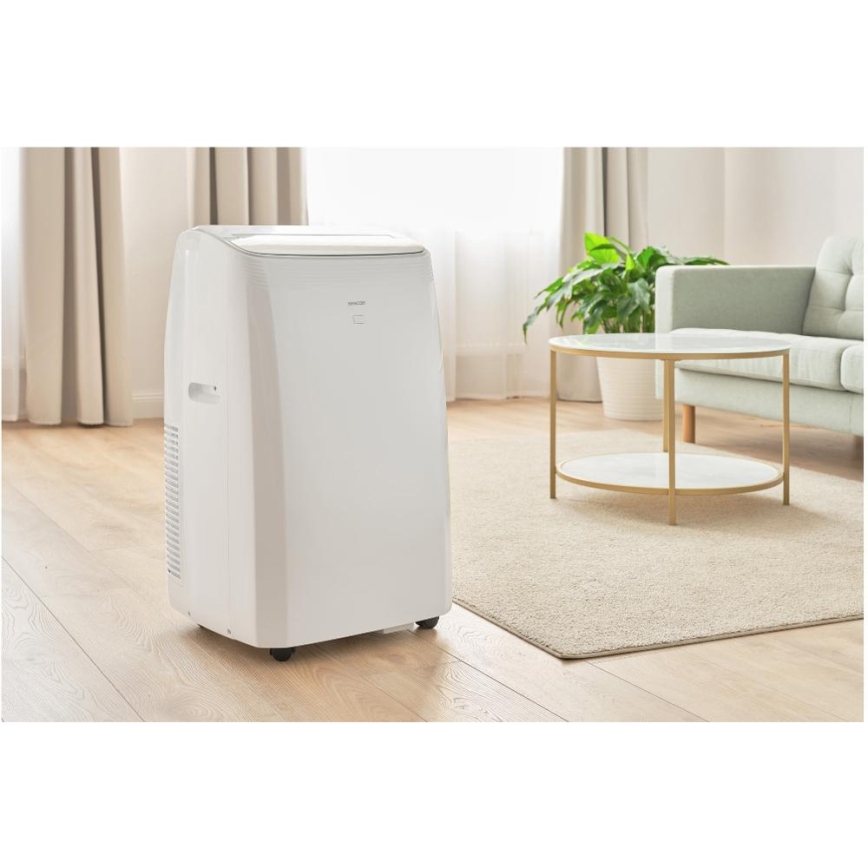 Sencor - Viedais portatīvais gaisa kondicionieris 5‑vienā ar pilnu piederumu komplektu, 733W/230V, 9000 BTU, Wi‑Fi, balts + tālvadība