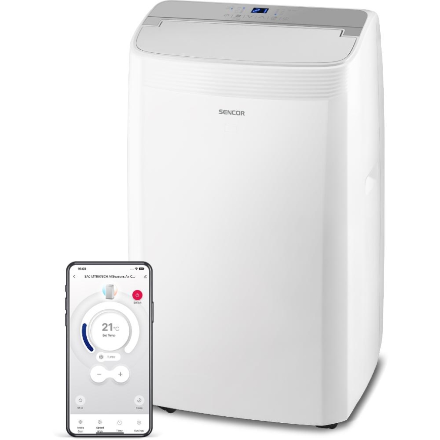 Sencor - Viedais portatīvais gaisa kondicionieris 5‑vienā ar pilnu piederumu komplektu, 733W/230V, 9000 BTU, Wi‑Fi, balts + tālvadība