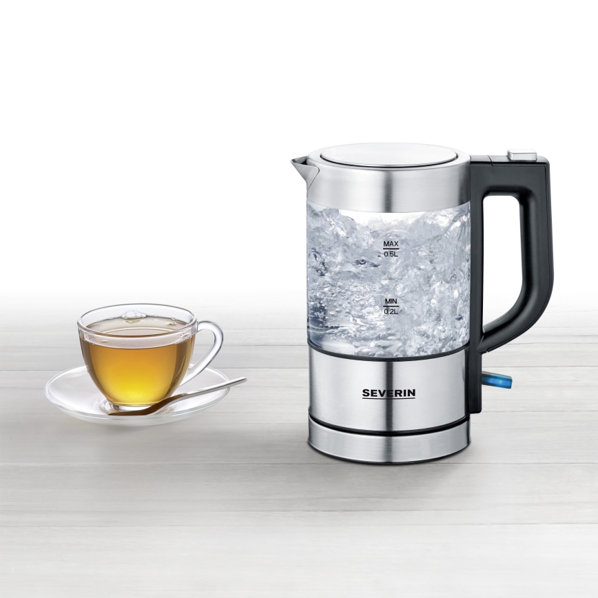 Severin WK 3472 - Ātrvārāmā tējkanna 0,5 l, 1100 W/230 V, nerūsējošais tērauds/stikls