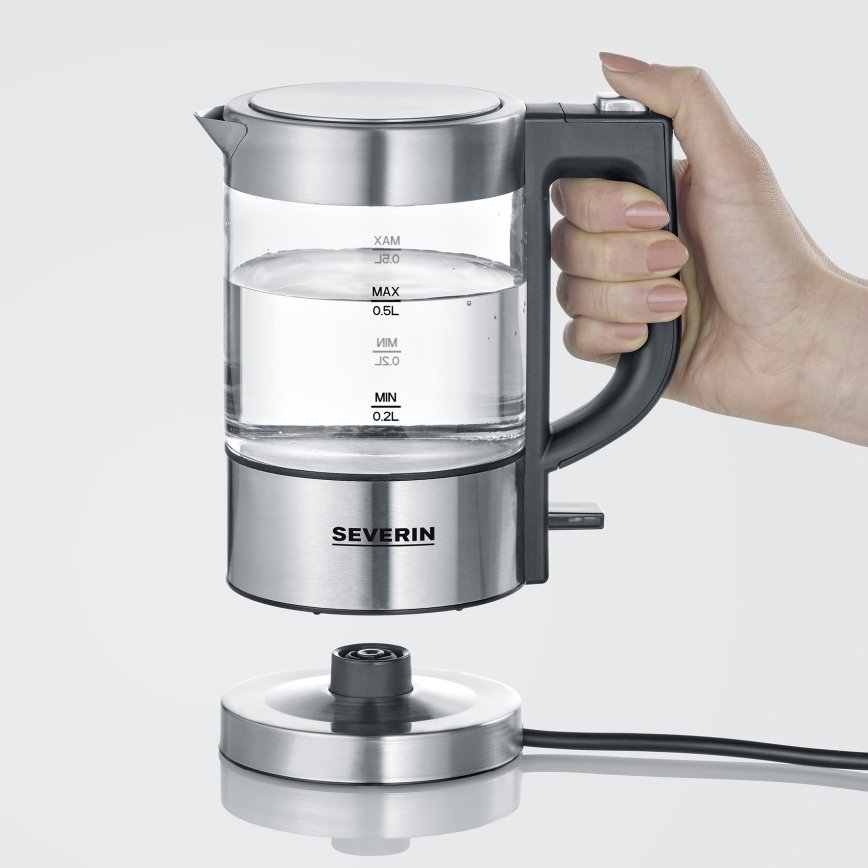 Severin WK 3472 - Ātrvārāmā tējkanna 0,5 l, 1100 W/230 V, nerūsējošais tērauds/stikls
