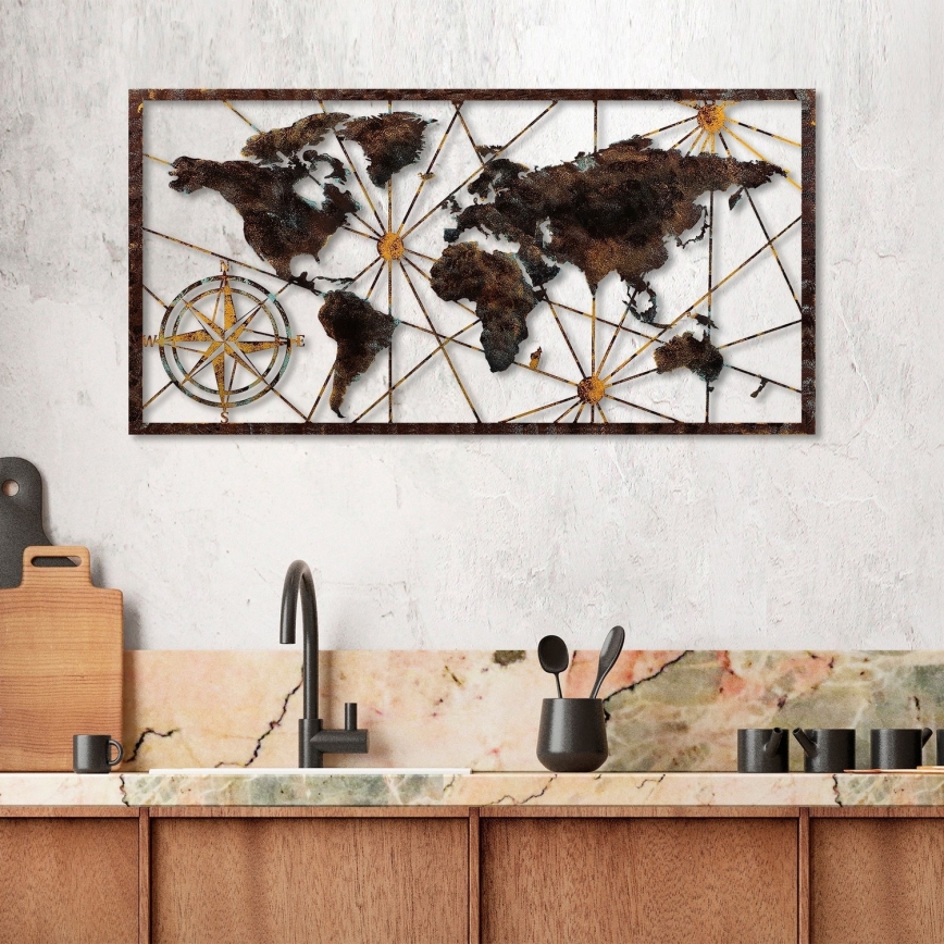 Sienas dekorācija 120x60 cm pasaules karte metāls