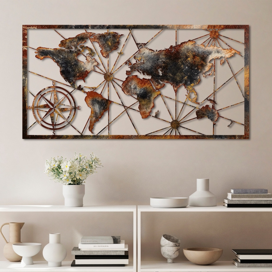 Sienas dekorācija 120x60 cm pasaules karte metāls