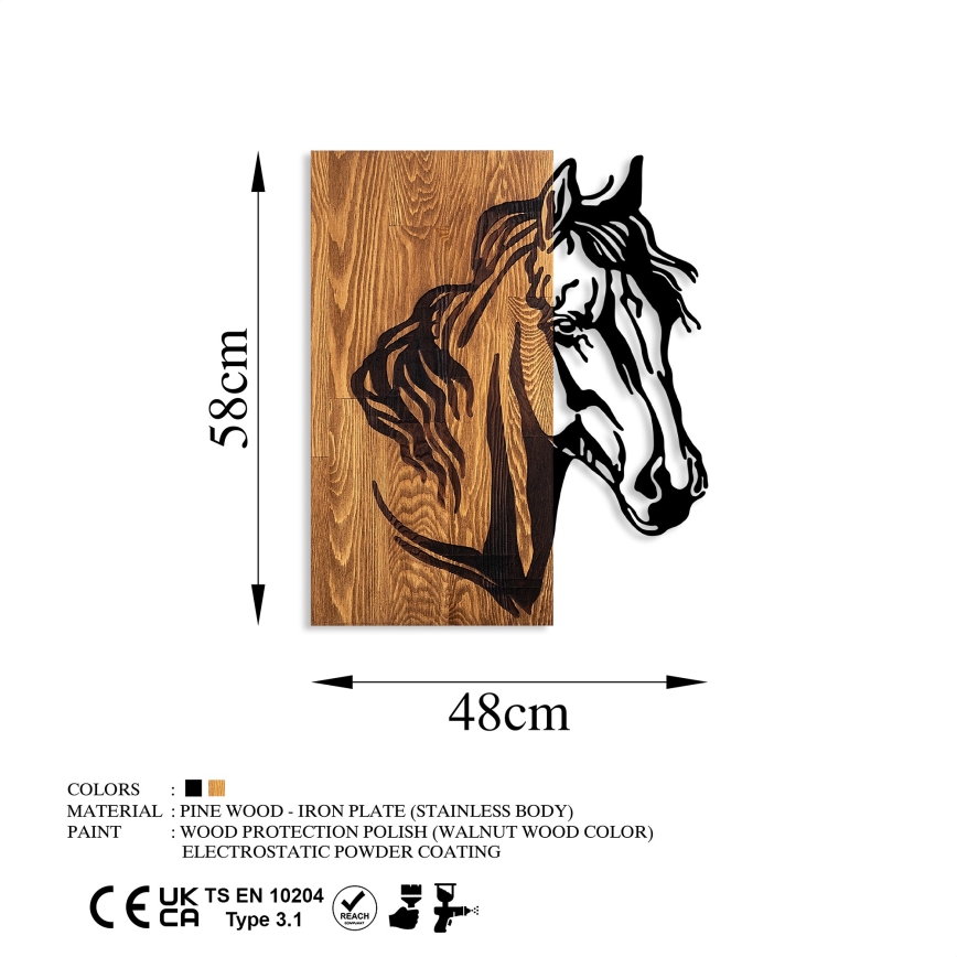 Sienas dekorācija 48x58 cm zirgs koks/metāls