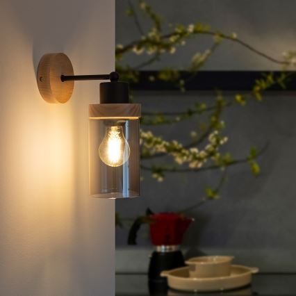 Sienas lampa WOODNEST 1xE27/15W/230V priede/dūmaina melna