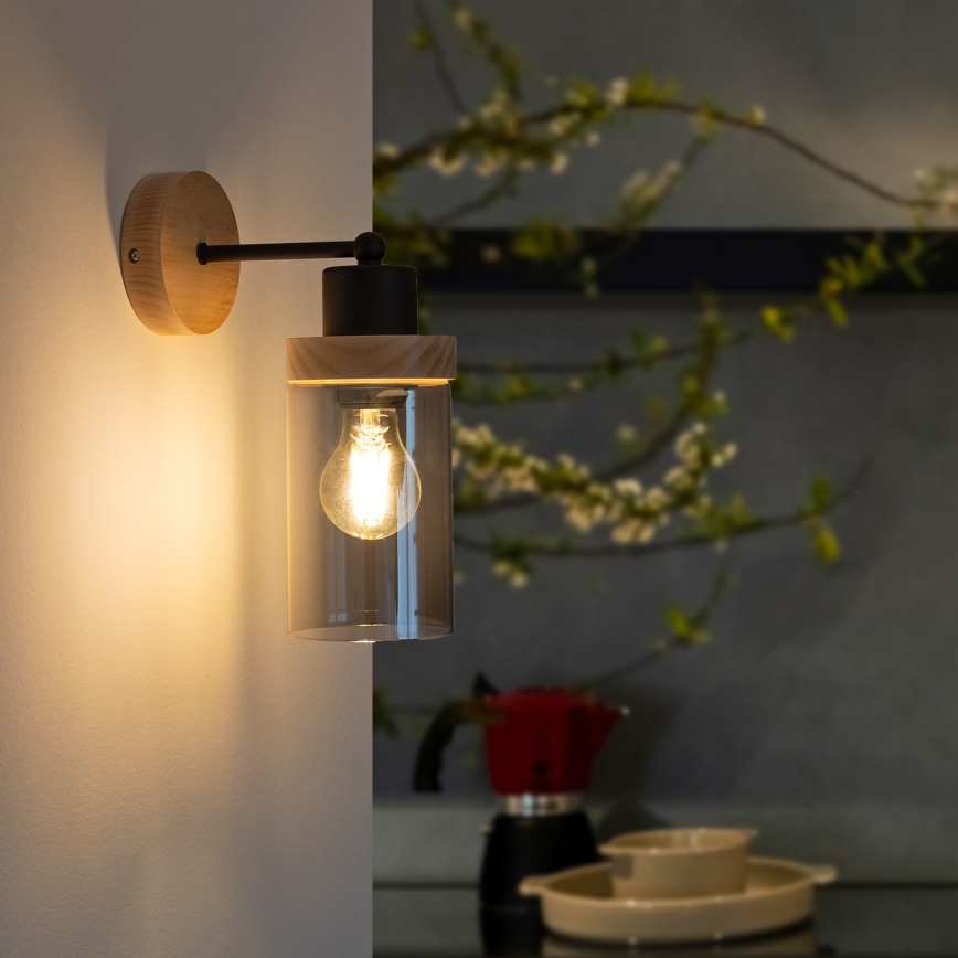 Sienas lampa WOODNEST 1xE27/15W/230V priede/dūmaina melna