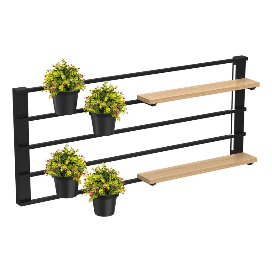 Sienas plaukts ar puķu podiem un LED apgaismojums SHELF 50x118 cm melna/bēša/priede