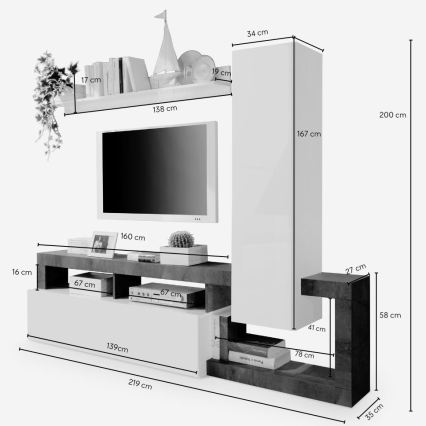 Sienas sekcija LENOR, balta/pelēka (betona efekts)