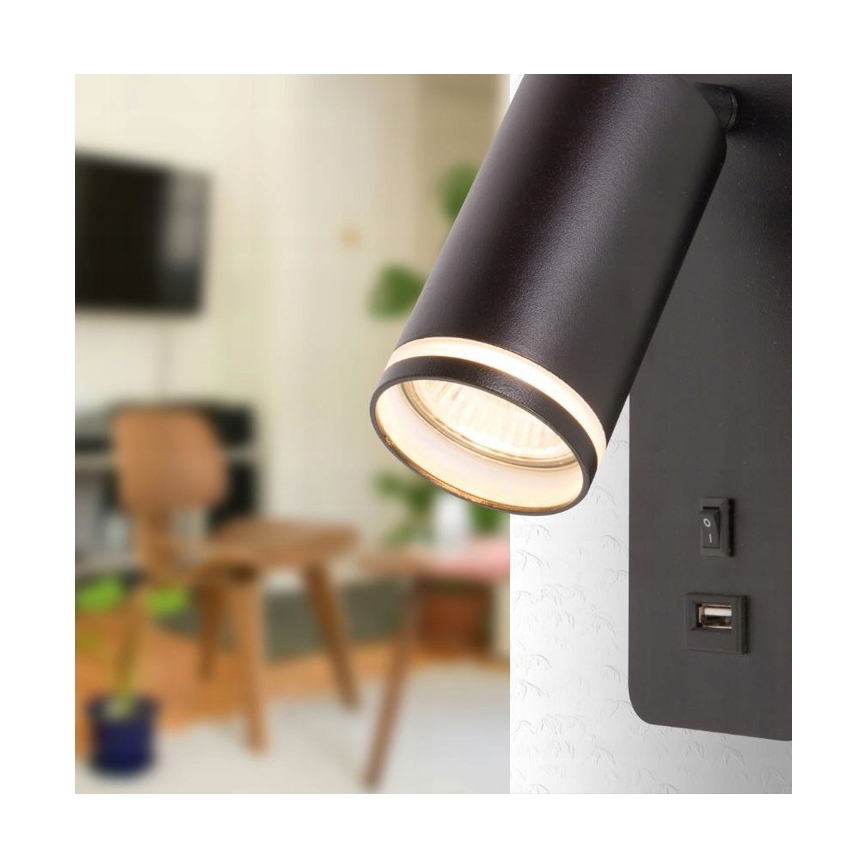 Sienas starmetis ar USB lādētāju 1xGU10/35W/230V melns