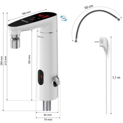 Skārienvadāms caurplūdes ūdens sildītājs ar sensoru un LED ekrāns 3000W/230V IPX4 balta