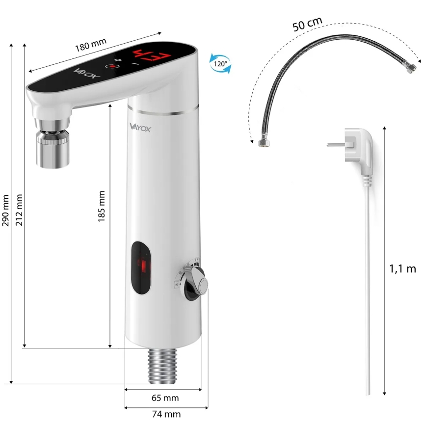 Skārienvadāms caurplūdes ūdens sildītājs ar sensoru un LED ekrāns 3000W/230V IPX4 balta