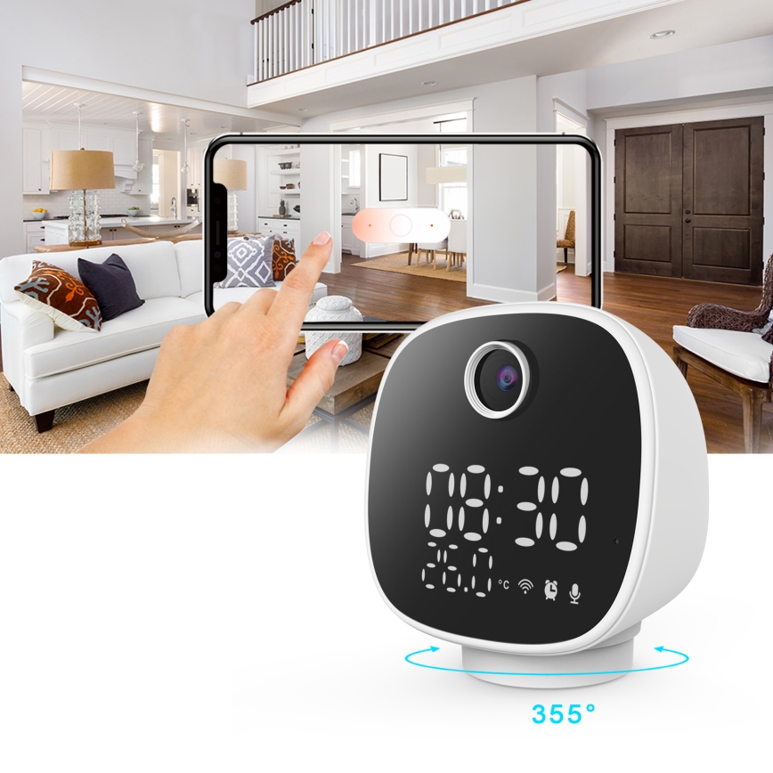 Viedā kamera ar modinātāju, termometru un LED lampu 1296p 3Mpx 5V Wi-Fi Tuya IP65