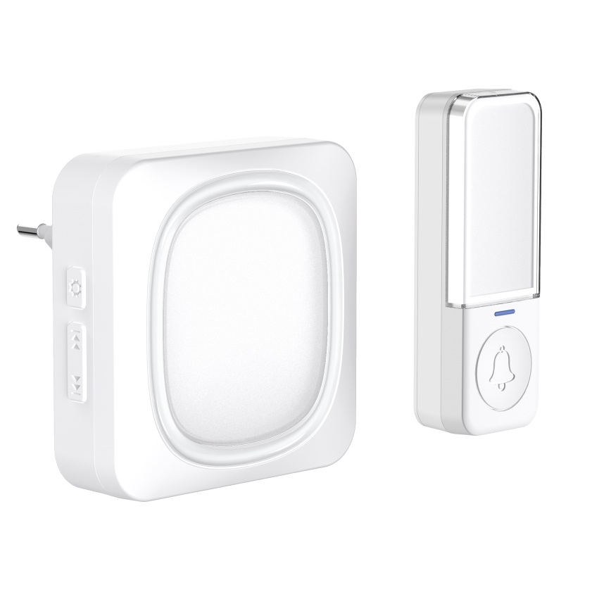Bezvadu kontaktligzdas durvju zvans ar LED apgaismojumu 230V IP56 balta