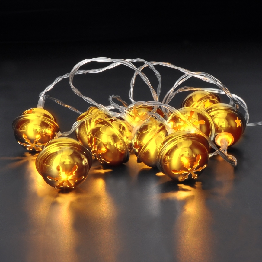 LED Ziemassvētku virtene 10xLED/2xAA/silti balta 1,8m zvaniņi