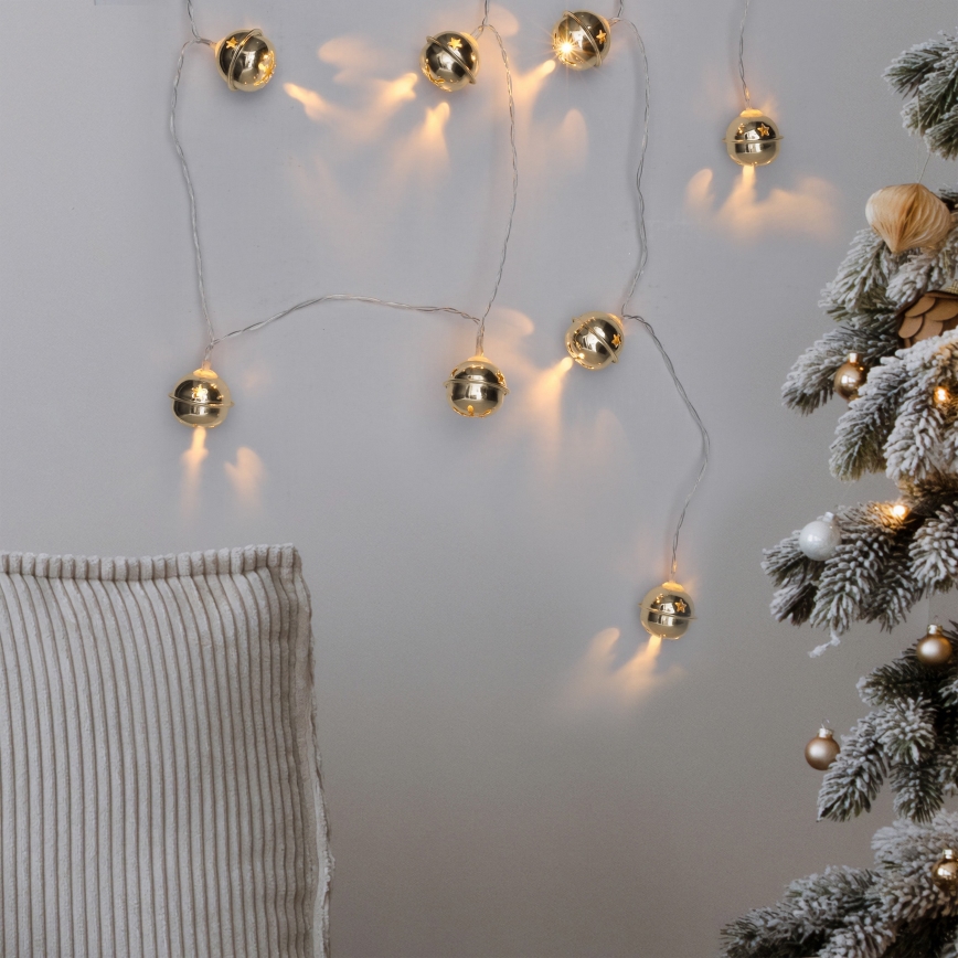 LED Ziemassvētku virtene 10xLED/2xAA/silti balta 1,8m zvaniņi