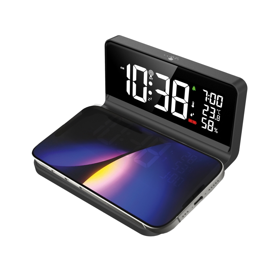 Solight CA06 - LED Modinātāja pulkstenis ar LCD ekrānu un bezvadu uzlāde Qi LED/10W/230V