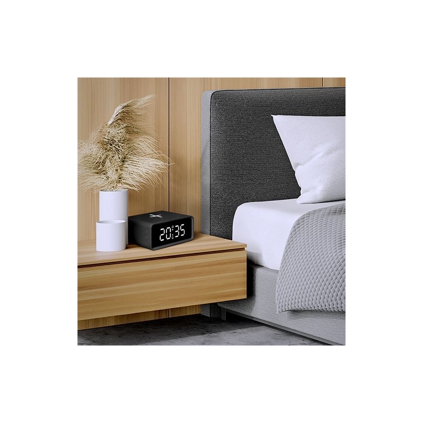 Digitālais pulkstenis ar Qi bezvadu lādētāju 230V/CR2032 melns