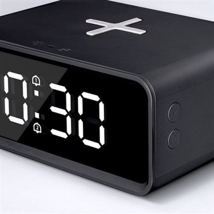 Digitālais pulkstenis ar Qi bezvadu lādētāju 230V/CR2032 melns