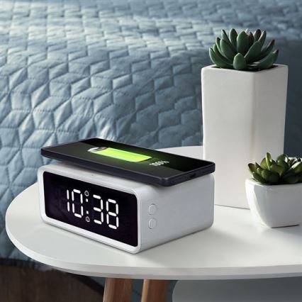 Digitālais pulkstenis ar Qi bezvadu lādētāju 230V/CR2032 balts