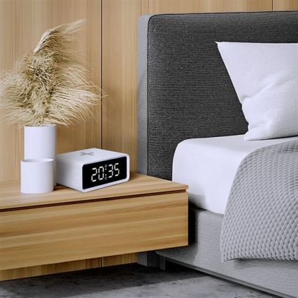 Digitālais pulkstenis ar Qi bezvadu lādētāju 230V/CR2032 balts