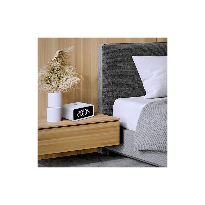 Digitālais pulkstenis ar Qi bezvadu lādētāju 230V/CR2032 balts
