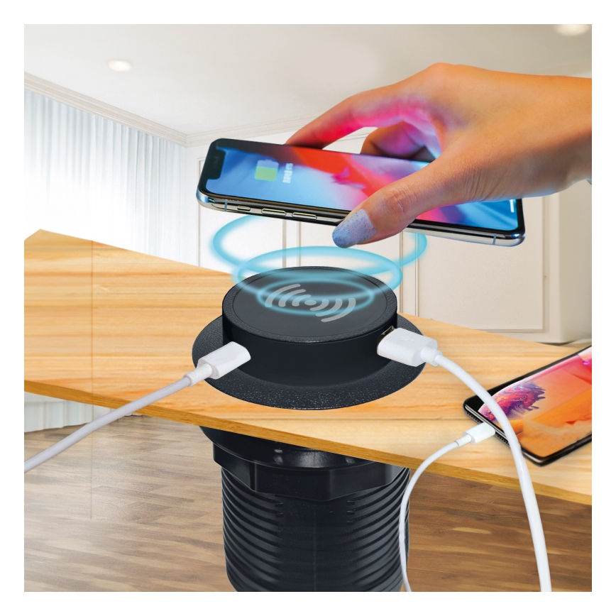 Iebūvējams bezvadu lādētājs + USB A+C melna