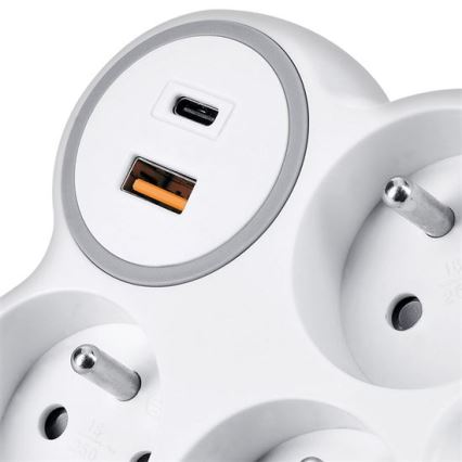 Strāvas sadalītājs 3x 16 A ar USB-A un USB-C 20 W ātrlādētāju