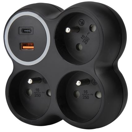 Strāvas sadalītājs 3x 15 A ar USB A un C, melns