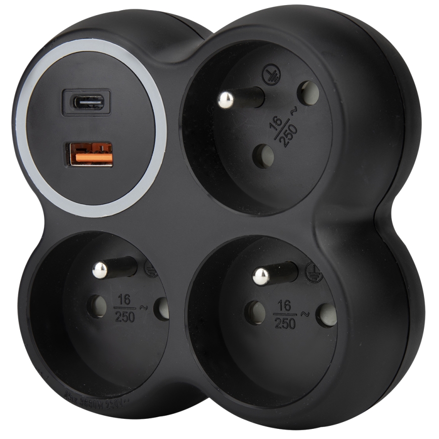 Strāvas sadalītājs 3x 15 A ar USB A un C, melns