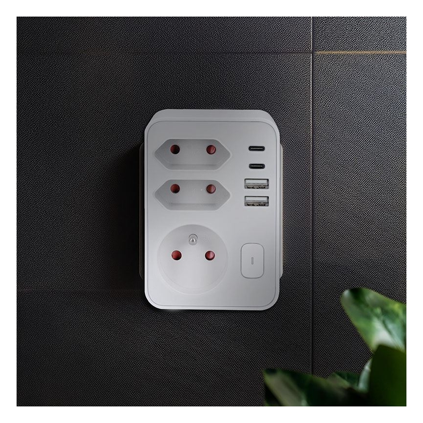 Strāvas sadalītājs 1x16A+2x 2,5A ar 2xUSB A+C lādētāju balts