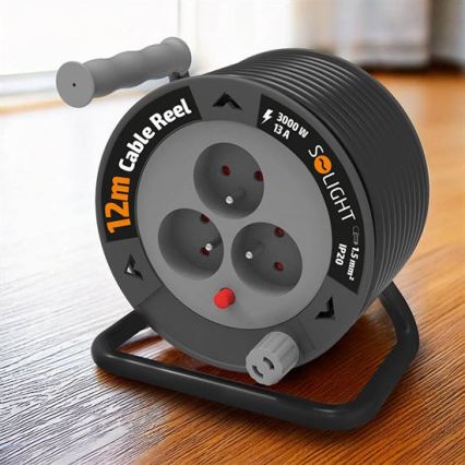 Pagarinātāja kabelis uz spoles, 3 kontaktligzdas, 12 m