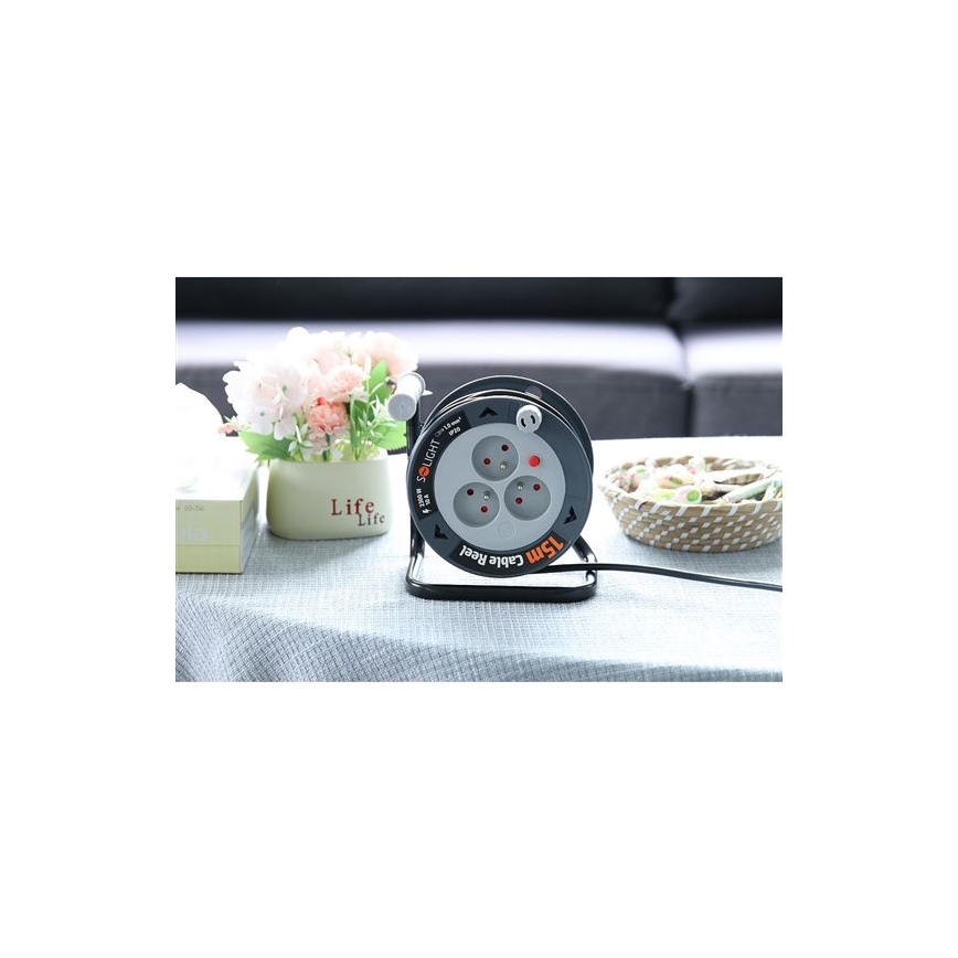 Pagarinājuma kabelis uz spoles, 3 ligzdas, 12 m