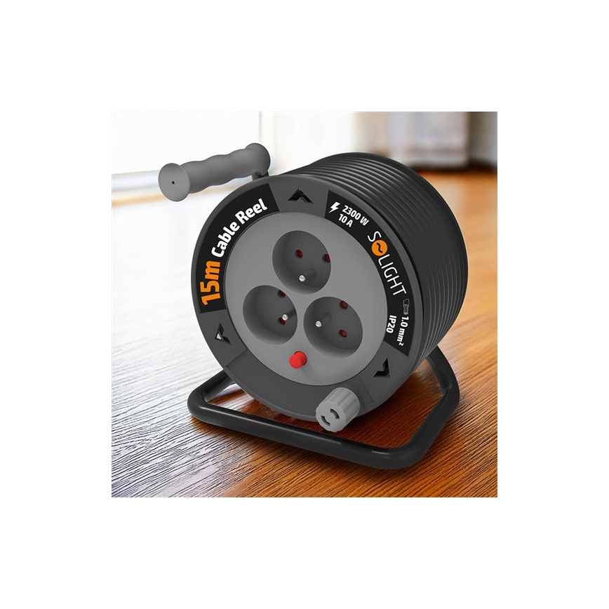 Pagarinājuma kabelis uz spoles, 3 ligzdas, 12 m