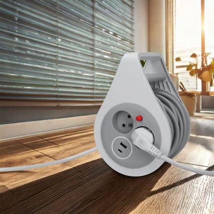 Pagarināmais kabelis uz spoles, 2 kontaktligzdas + USB A+C, 10 m