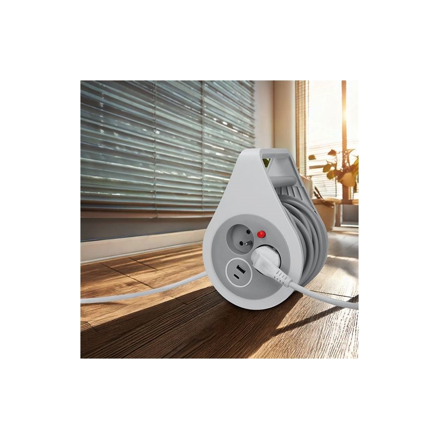 Pagarināmais kabelis uz spoles, 2 kontaktligzdas + USB A+C, 10 m