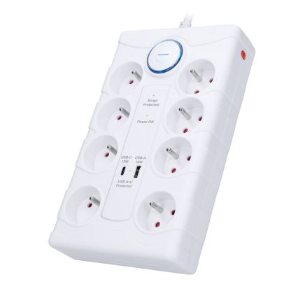 Pagarināšanas kabelis ar slēdzi un pārsprieguma aizsardzību 8Z E tips + 1xUSB-A + 1xUSB-C 2m balts