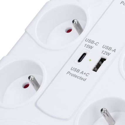 Pagarināšanas kabelis ar slēdzi un pārsprieguma aizsardzību 8Z E tips + 1xUSB-A + 1xUSB-C 2m balts