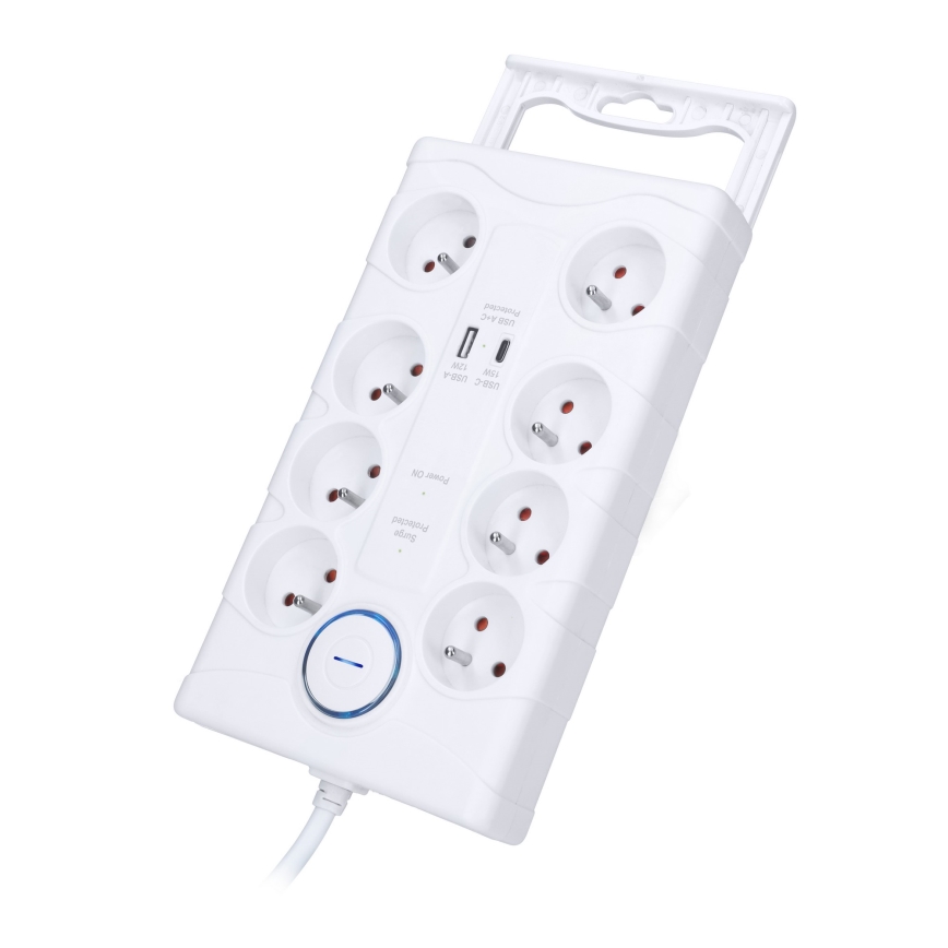 Pagarināšanas kabelis ar slēdzi un pārsprieguma aizsardzību 8Z E tips + 1xUSB-A + 1xUSB-C 2m balts