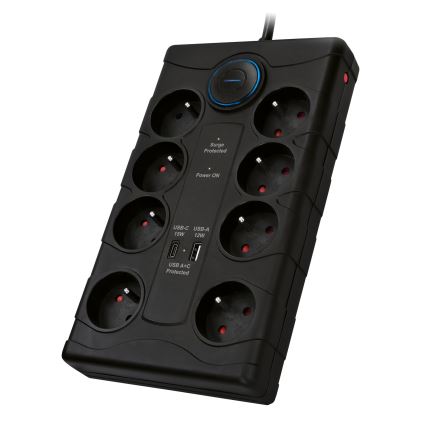 Pagarināmais kabelis ar slēdzi un pārsprieguma aizsardzību 8Z E tips + 1xUSB-A + 1xUSB-C 2m melns