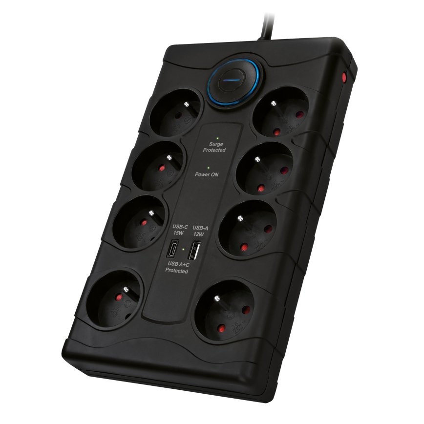 Pagarināmais kabelis ar slēdzi un pārsprieguma aizsardzību 8Z E tips + 1xUSB-A + 1xUSB-C 2m melns