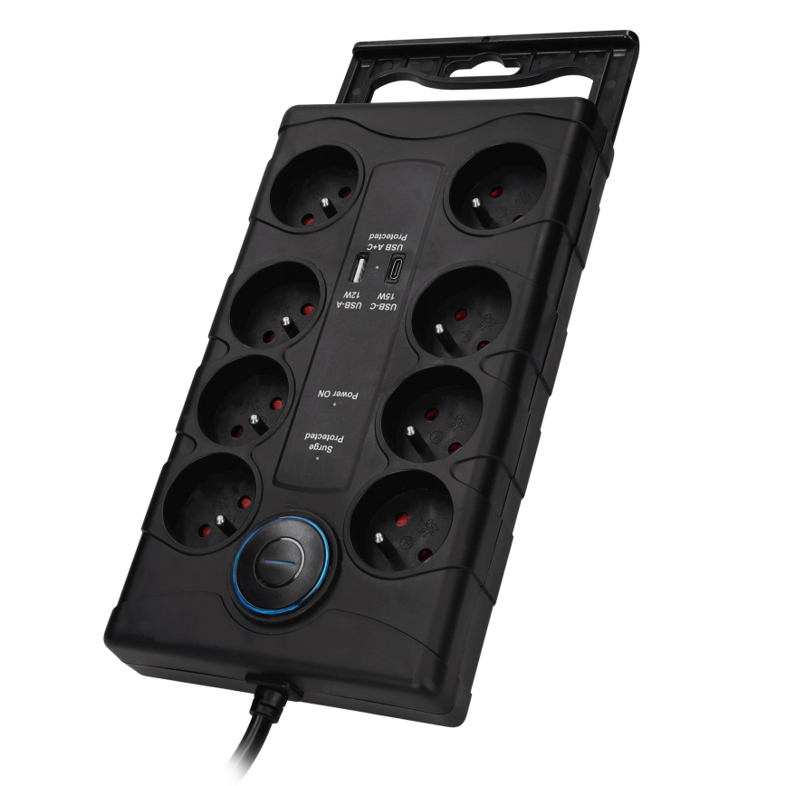 Pagarināmais kabelis ar slēdzi un pārsprieguma aizsardzību 8Z E tips + 1xUSB-A + 1xUSB-C 2m melns