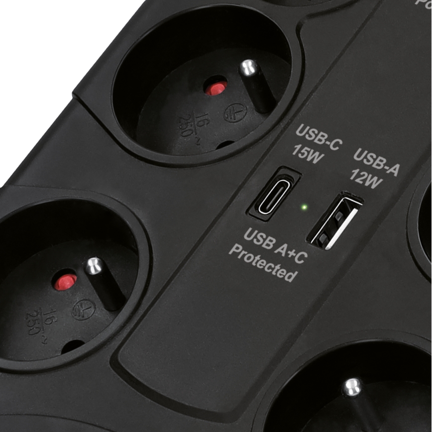 Pagarinājuma kabelis ar slēdzi 8Z E tips + 1xUSB-A + 1xUSB-C 2m melns