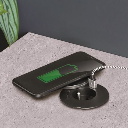 Iebūvējama kontaktligzda ar 10 W bezvadu uzlādi, 1x kontaktligzda + USB A+C, melna