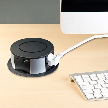 Kontaktligzdas kolonna galda virsmai ar Qi bezvadu uzlādi 3x230V + 1xUSB-A + 1xUSB-C melna/sudraba