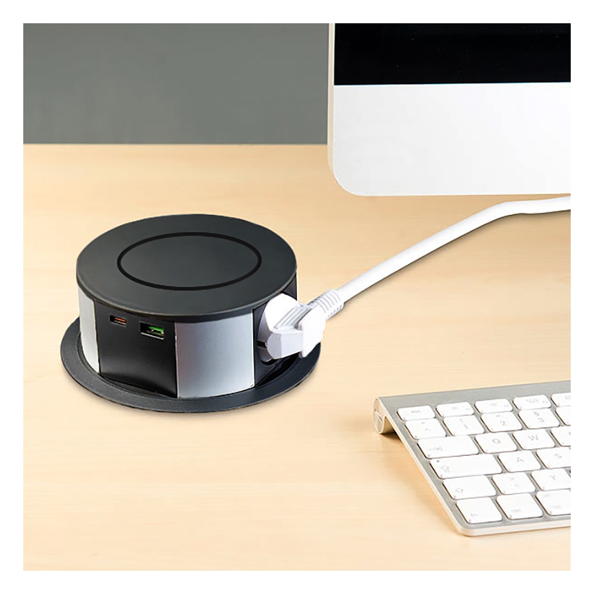 Kontaktligzdas kolonna galda virsmai ar Qi bezvadu uzlādi 3x230V + 1xUSB-A + 1xUSB-C melna/sudraba
